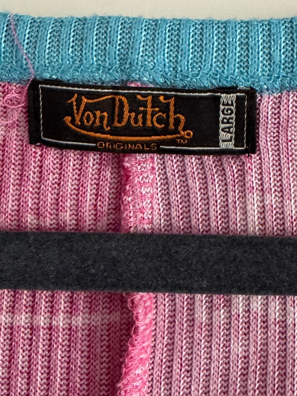 Von Dutch Ribbed Henley Top Short Sleeve Pink Blue Trim Y2K Shirt Size Large - Picture 2 of 3